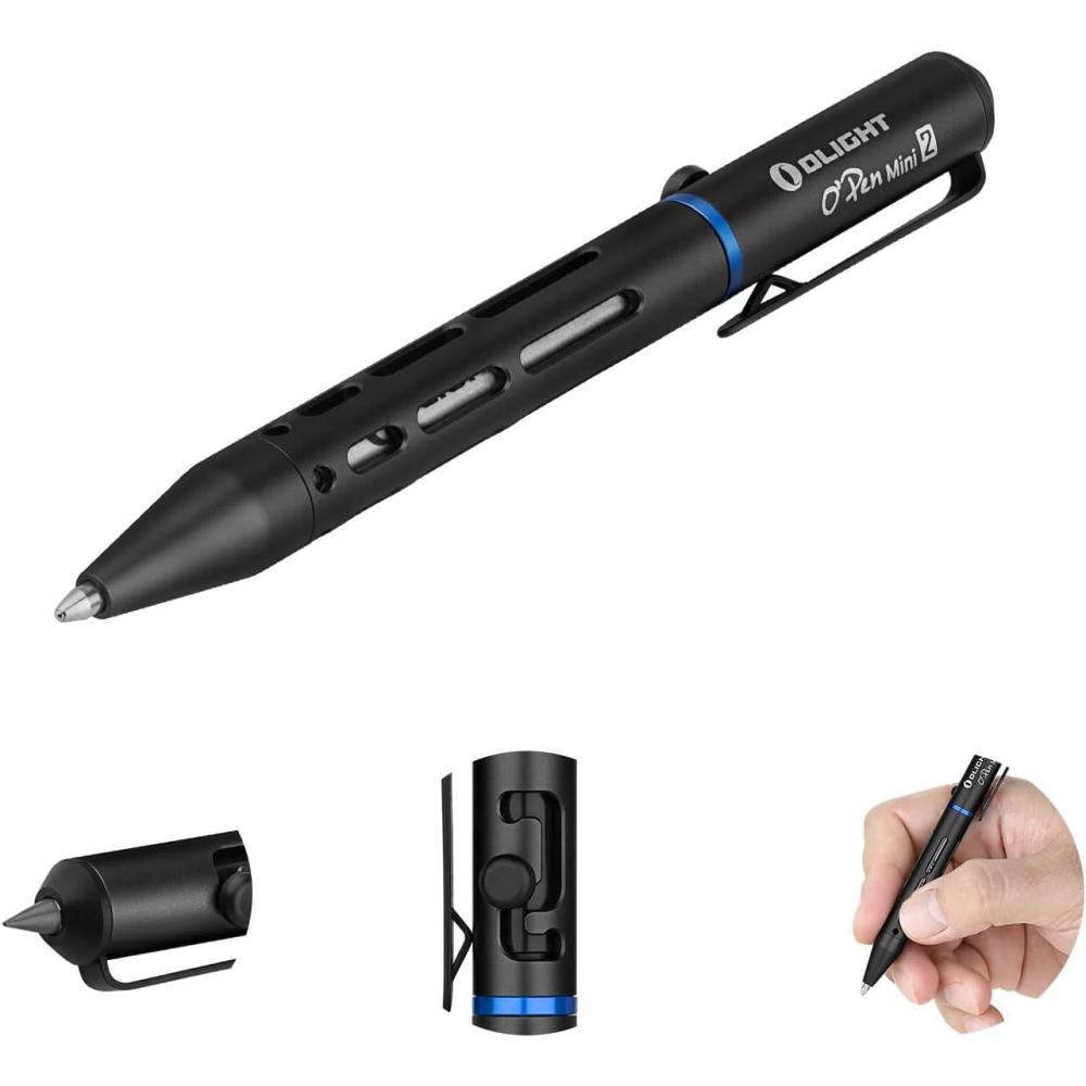 imageOLIGHT OPen Mini 2 Portable Ballpoint Pen Bolt Action Pen with Pen and Pencil Tip EDC Replaceable Black Ink Pens with Stainless Steel Pen Clip for Office Working Writing BlackBlack