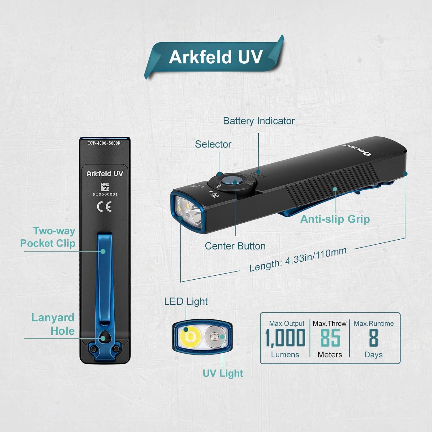 imageOLIGHT Arkfeld UV Rechargeable EDC Flashlight 1000 Lumens White LED and 365nm Blacklight Combo for Outdoors Emergency Working Pet Urine Detection Black NWBlack