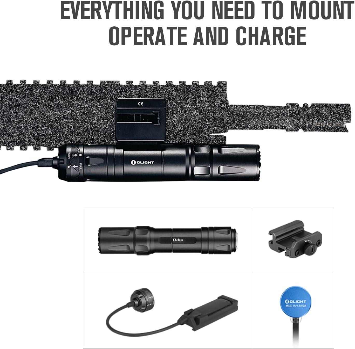 imageOLIGHT Odin 2000 Lumens Picatinny Rail Mounted Rechargeable Tactical Flashlight with Remote Pressure Switch 300 Meters Beam Distance Powered by BatteryBlackBlack