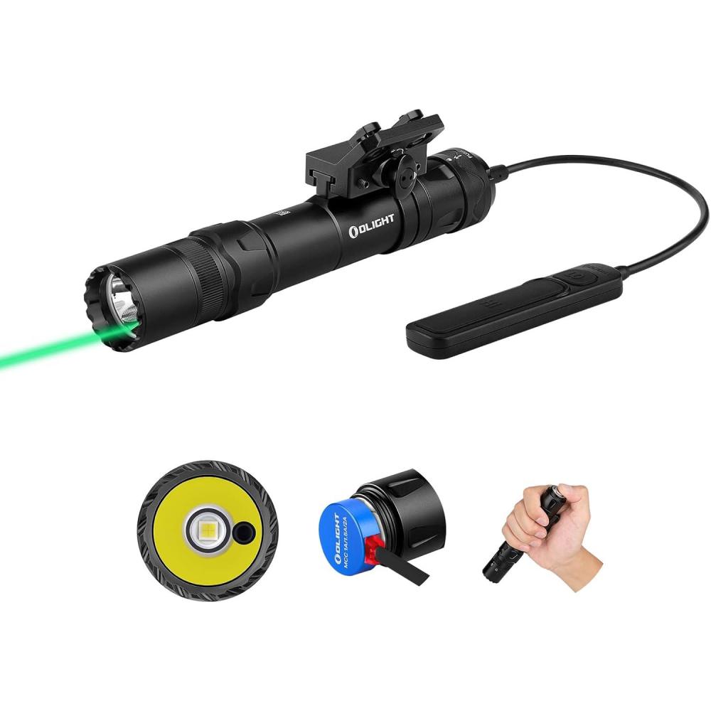 imageOLIGHT Odin GL M 1500 Lumens MLOK Mount Rechargeable Tactical Flashlight with Green Beam and White LED Combo Removable Slide Rail Mount and DualButton Remote Pressure SwitchBlack
