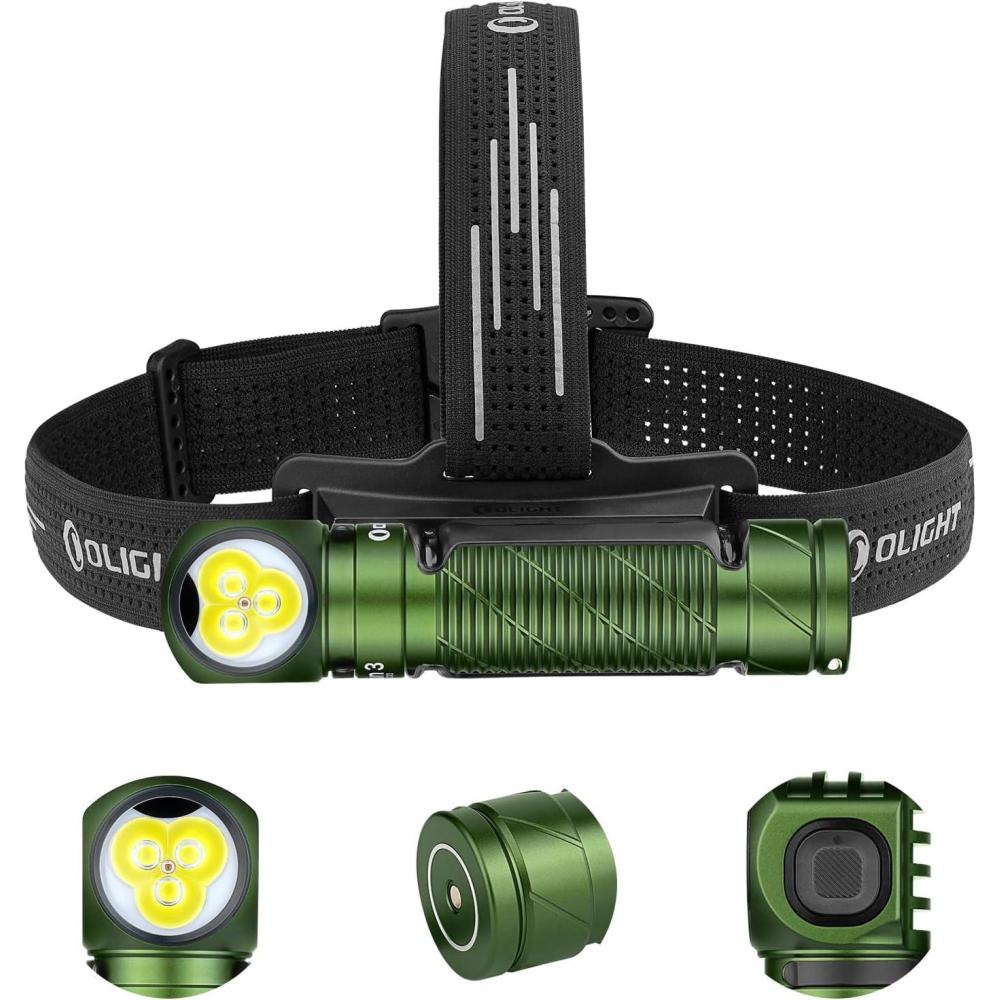 imageOLIGHT Perun 3 Rechargeable Headlamp Flashlight 3000 Lumens LED Headlight with Red Light Waterproof Head Lamp with Headband for Outdoor Camping Hiking WorkingOrangeOD Green