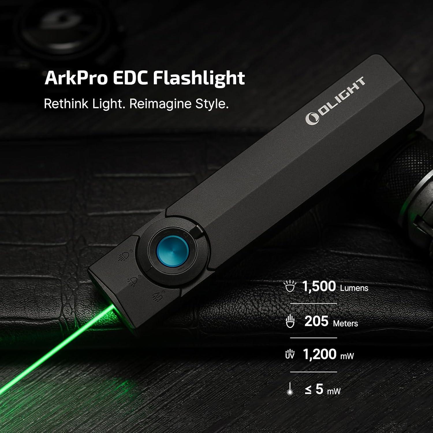 imageOLIGHT ArkPro EDC Flat Flashlight Rechargeable with Green Beam UV and White LED1500 Lumens USBC Pocket Camping Flashlight Spotlight Floodlight for Outdoor Emergency Working Black CWMatte Black