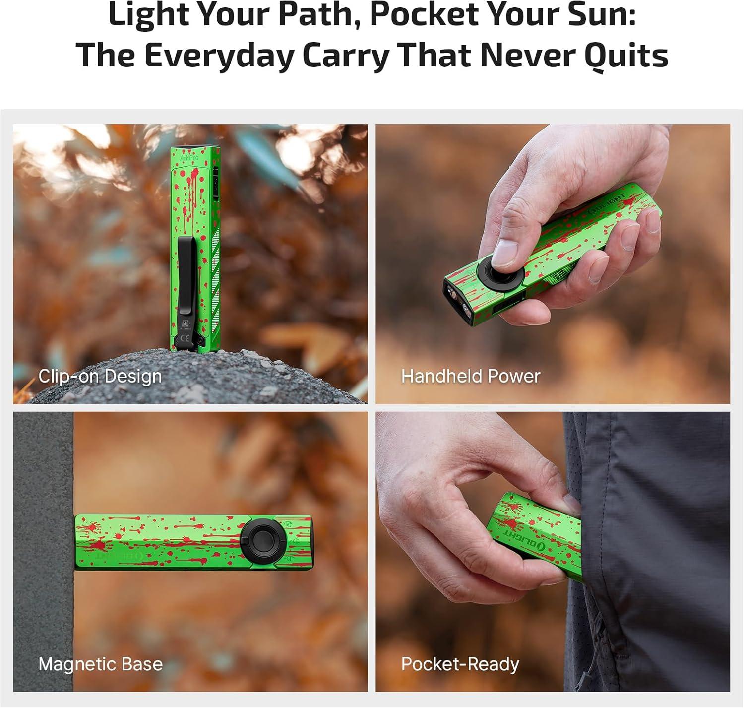 imageOLIGHT ArkPro EDC Flat Flashlight Rechargeable with Green Beam UV and White LED1500 Lumens USBC Pocket Camping Flashlight Spotlight Floodlight for Outdoor Emergency Working Black CWZombie Green