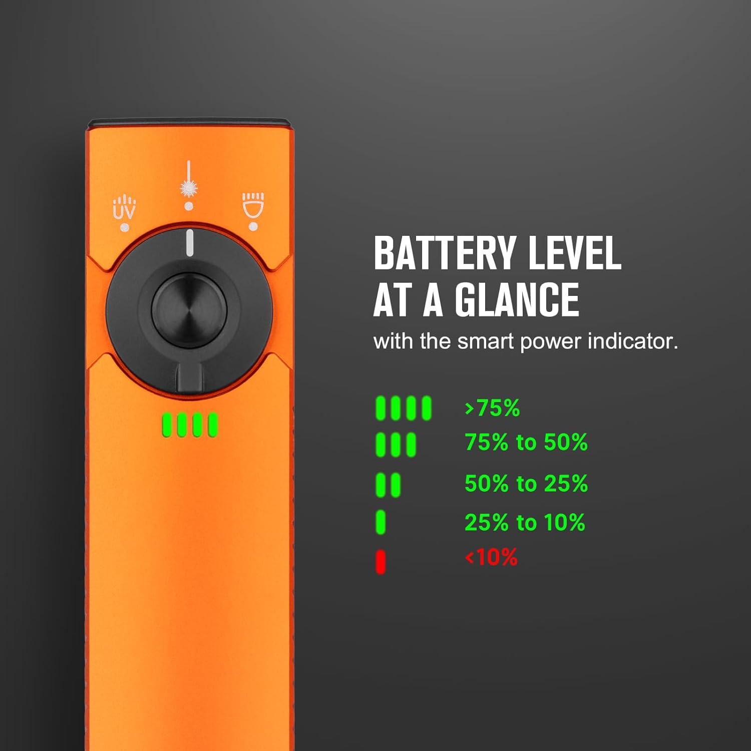 imageOLIGHT Arkfeld Pro Rechargeable EDC Flat Flashlight with Green Beam UV and White LED Combo 1300 Lumens Portable Pocket Lights Triple Sources for Outdoors Emergency Working Orange CWOrange