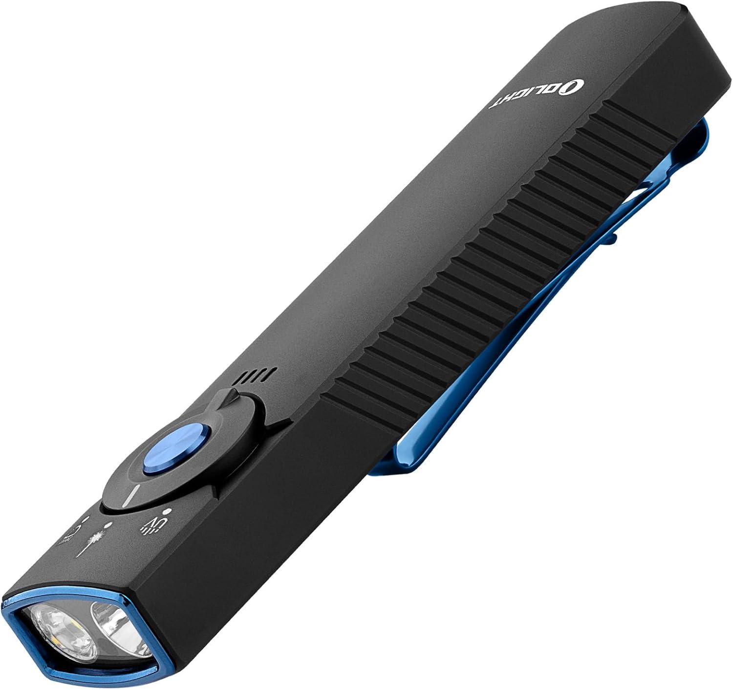 imageOLIGHT Arkfeld Pro Rechargeable EDC Flat Flashlight with Green Beam UV and White LED Combo 1300 Lumens Portable Pocket Lights Triple Sources for Outdoors Emergency Working Orange CWBlack