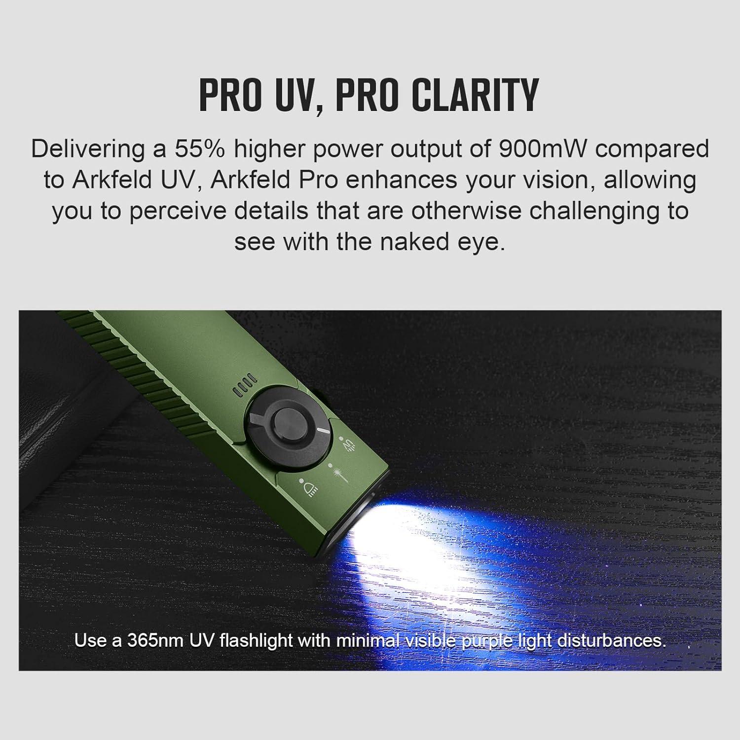 imageOLIGHT Arkfeld Pro Rechargeable EDC Flat Flashlight with Green Beam UV and White LED Combo 1300 Lumens Portable Pocket Lights Triple Sources for Outdoors Emergency Working Orange CWOD Green