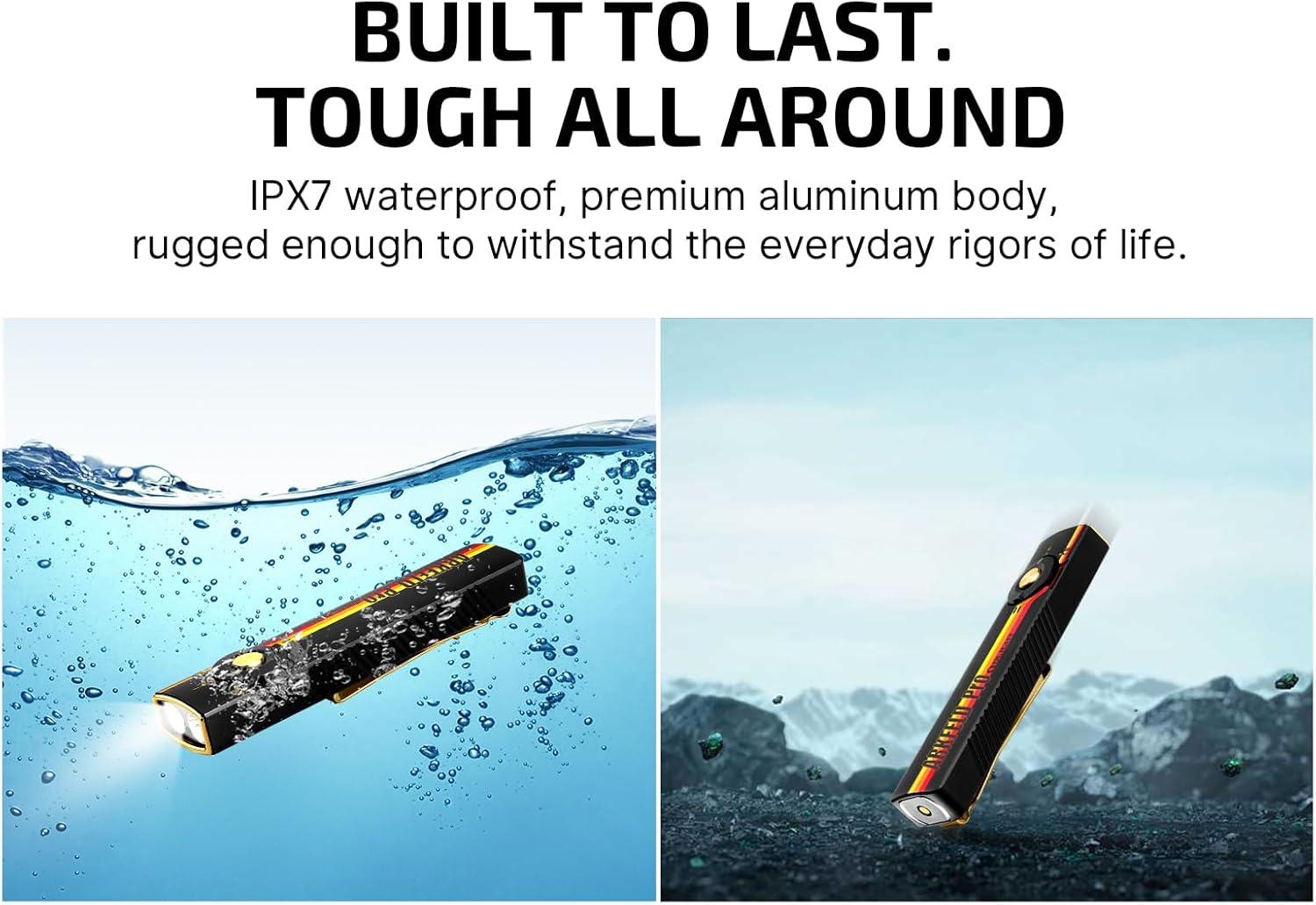 imageOLIGHT Arkfeld Pro Rechargeable EDC Flat Flashlight with Green Beam UV and White LED Combo 1300 Lumens Portable Pocket Lights Triple Sources for Outdoors Emergency Working Orange CWRacing Stripe