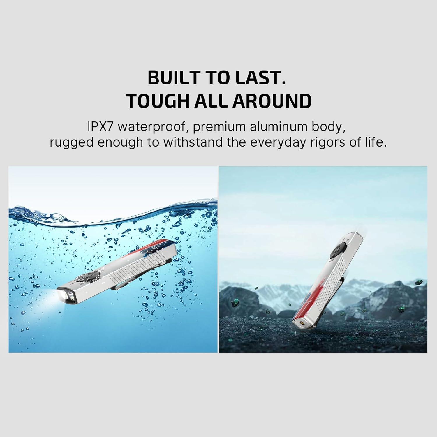 imageOLIGHT Arkfeld Pro Rechargeable EDC Flat Flashlight with Green Beam UV and White LED Combo 1300 Lumens Portable Pocket Lights Triple Sources for Outdoors Emergency Working Orange CWStars Stripes Edition
