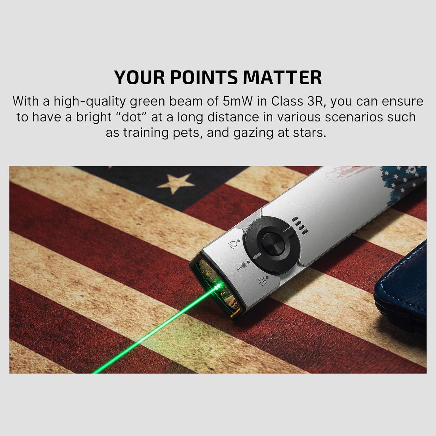 imageOLIGHT Arkfeld Pro Rechargeable EDC Flat Flashlight with Green Beam UV and White LED Combo 1300 Lumens Portable Pocket Lights Triple Sources for Outdoors Emergency Working Orange CWStars Stripes Edition