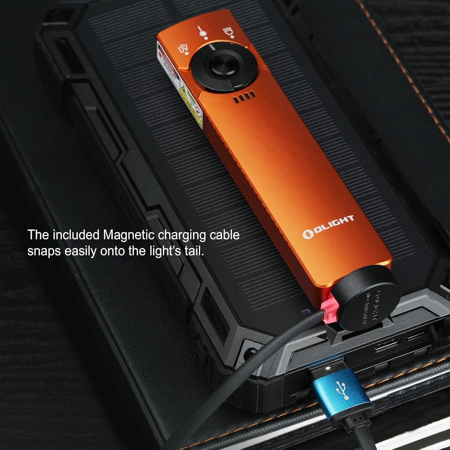 imageOLIGHT Arkfeld Pro Rechargeable EDC Flat Flashlight with Green Beam UV and White LED Combo 1300 Lumens Portable Pocket Lights Triple Sources for Outdoors Emergency Working Orange CWOrange