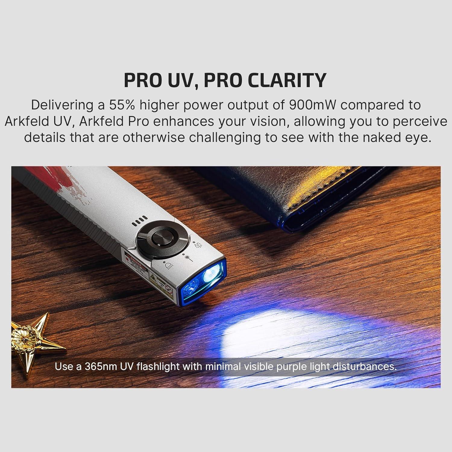 imageOLIGHT Arkfeld Pro Rechargeable EDC Flat Flashlight with Green Beam UV and White LED Combo 1300 Lumens Portable Pocket Lights Triple Sources for Outdoors Emergency Working Orange CWStars Stripes Edition