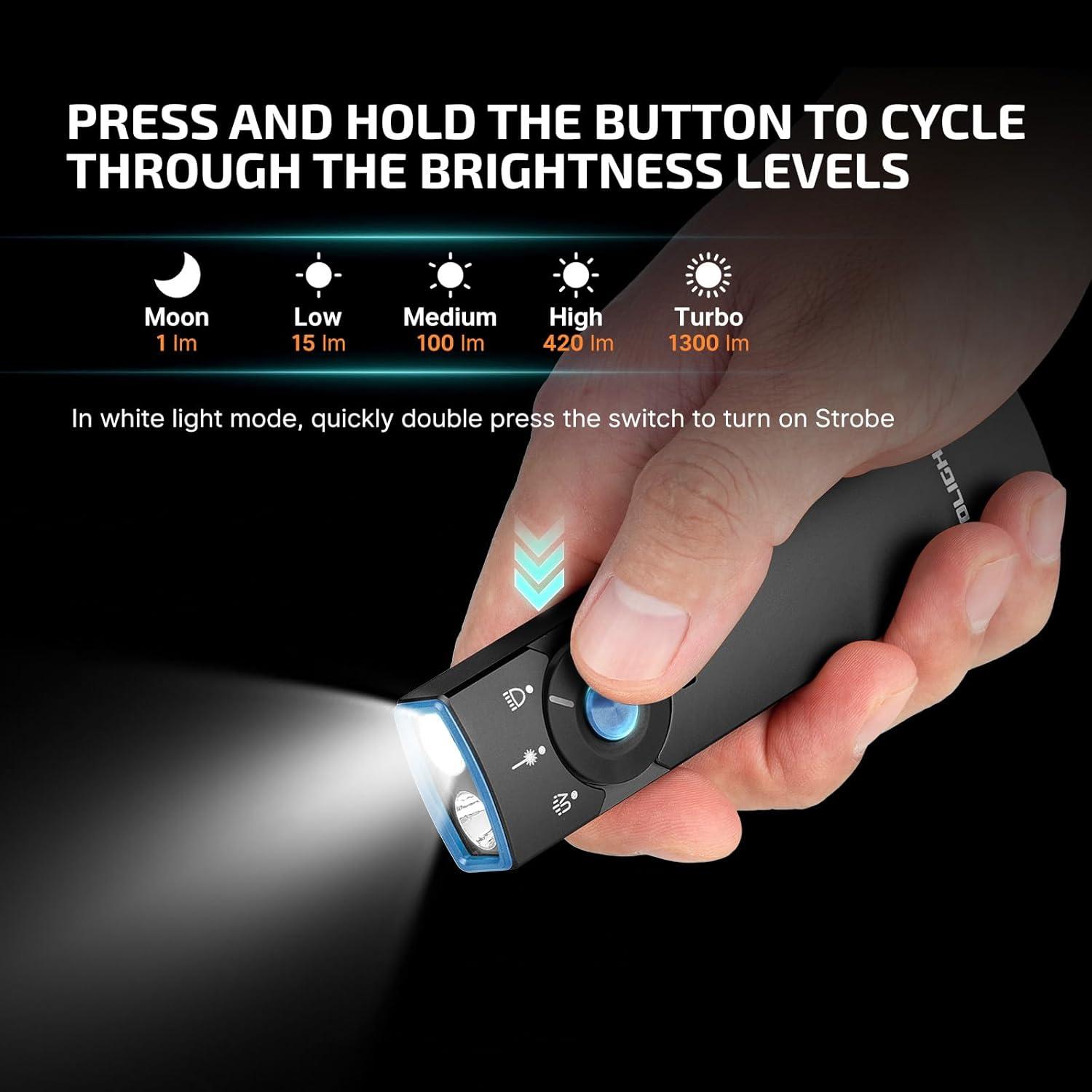 imageOLIGHT Arkfeld Pro Rechargeable EDC Flat Flashlight with Green Beam UV and White LED Combo 1300 Lumens Portable Pocket Lights Triple Sources for Outdoors Emergency Working Orange CWBlack