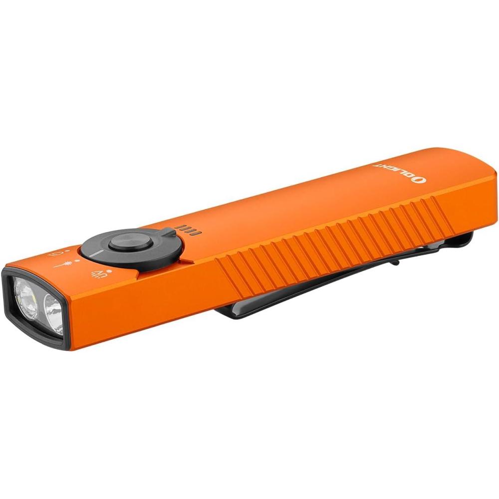 imageOLIGHT Arkfeld Pro Rechargeable EDC Flat Flashlight with Green Beam UV and White LED Combo 1300 Lumens Portable Pocket Lights Triple Sources for Outdoors Emergency Working Orange CWOrange