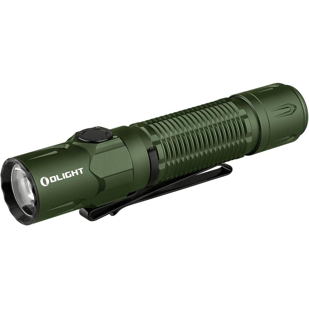 imageOLIGHT Warrior 3S 2300 Lumens Rechargeable Tactical Flashlight Compact DualSwitches LED Bright Light with Proximity Sensor Powered by Customized Battery for Emergency EDC and Searching BlackOD Green