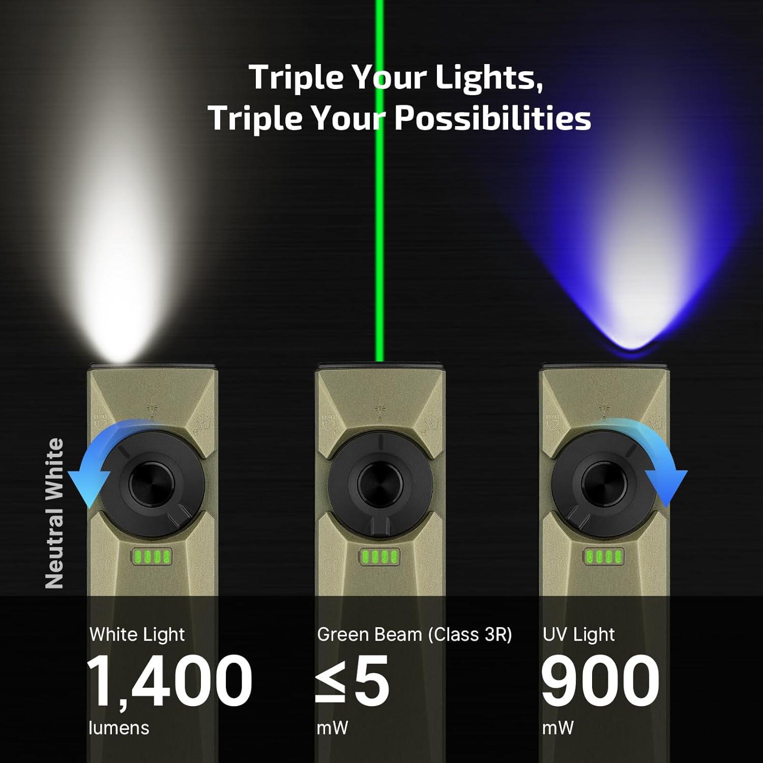imageOLIGHT Arkfeld Ultra 1400 Lumens EDC Flat Flashlight Rechargeable Compact Pocket Flash Light Combines White LED UV and Green Beam Triple Sources Perfect for Checking Working OliveGreenOlive Green