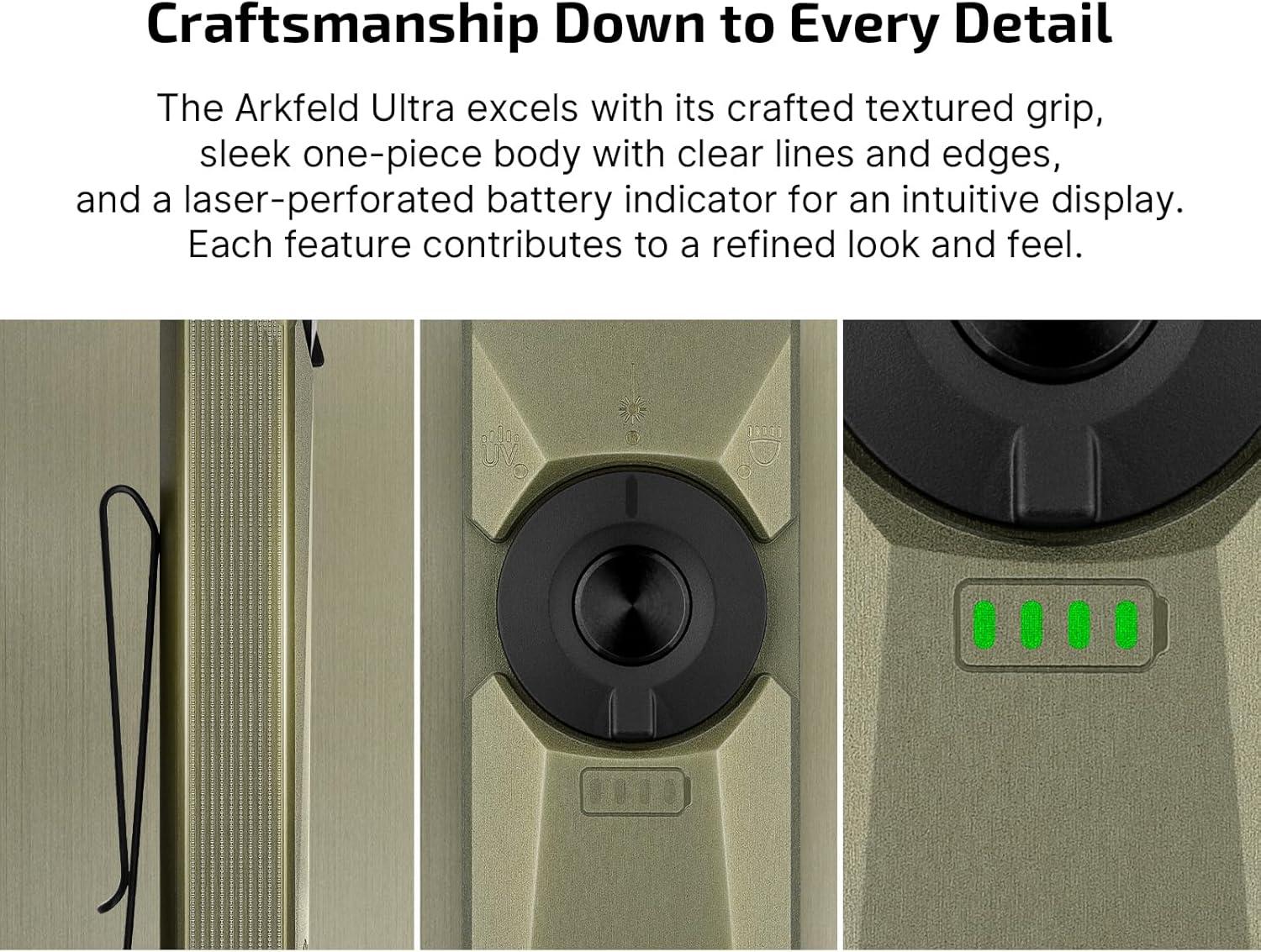 imageOLIGHT Arkfeld Ultra 1400 Lumens EDC Flat Flashlight Rechargeable Compact Pocket Flash Light Combines White LED UV and Green Beam Triple Sources Perfect for Checking Working OliveGreenOlive Green