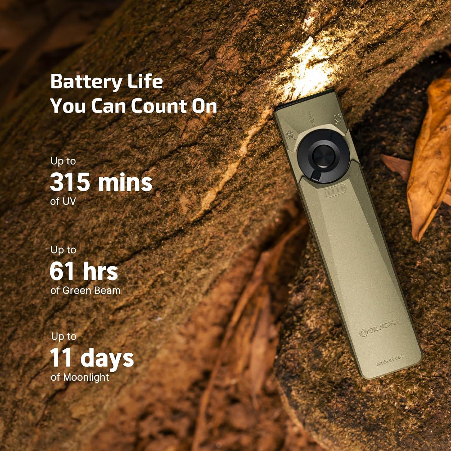 imageOLIGHT Arkfeld Ultra 1400 Lumens EDC Flat Flashlight Rechargeable Compact Pocket Flash Light Combines White LED UV and Green Beam Triple Sources Perfect for Checking Working OliveGreenOlive Green