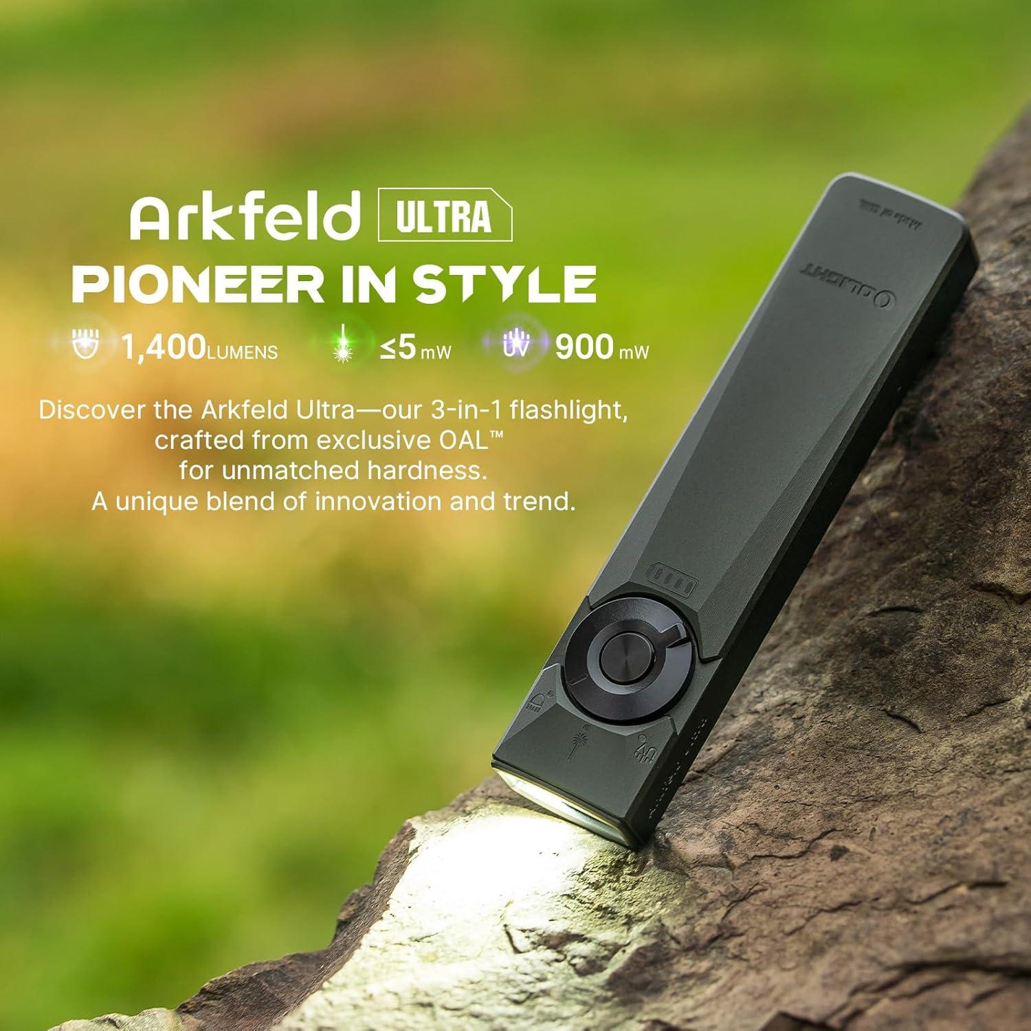 imageOLIGHT Arkfeld Ultra 1400 Lumens EDC Flat Flashlight Rechargeable Compact Pocket Flash Light Combines White LED UV and Green Beam Triple Sources Perfect for Checking Working OliveGreenOlive Gray