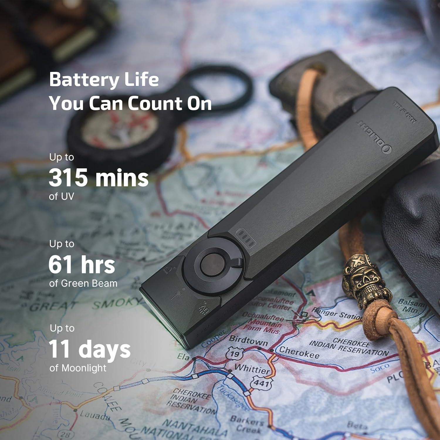 imageOLIGHT Arkfeld Ultra 1400 Lumens EDC Flat Flashlight Rechargeable Compact Pocket Flash Light Combines White LED UV and Green Beam Triple Sources Perfect for Checking Working OliveGreenOlive Gray