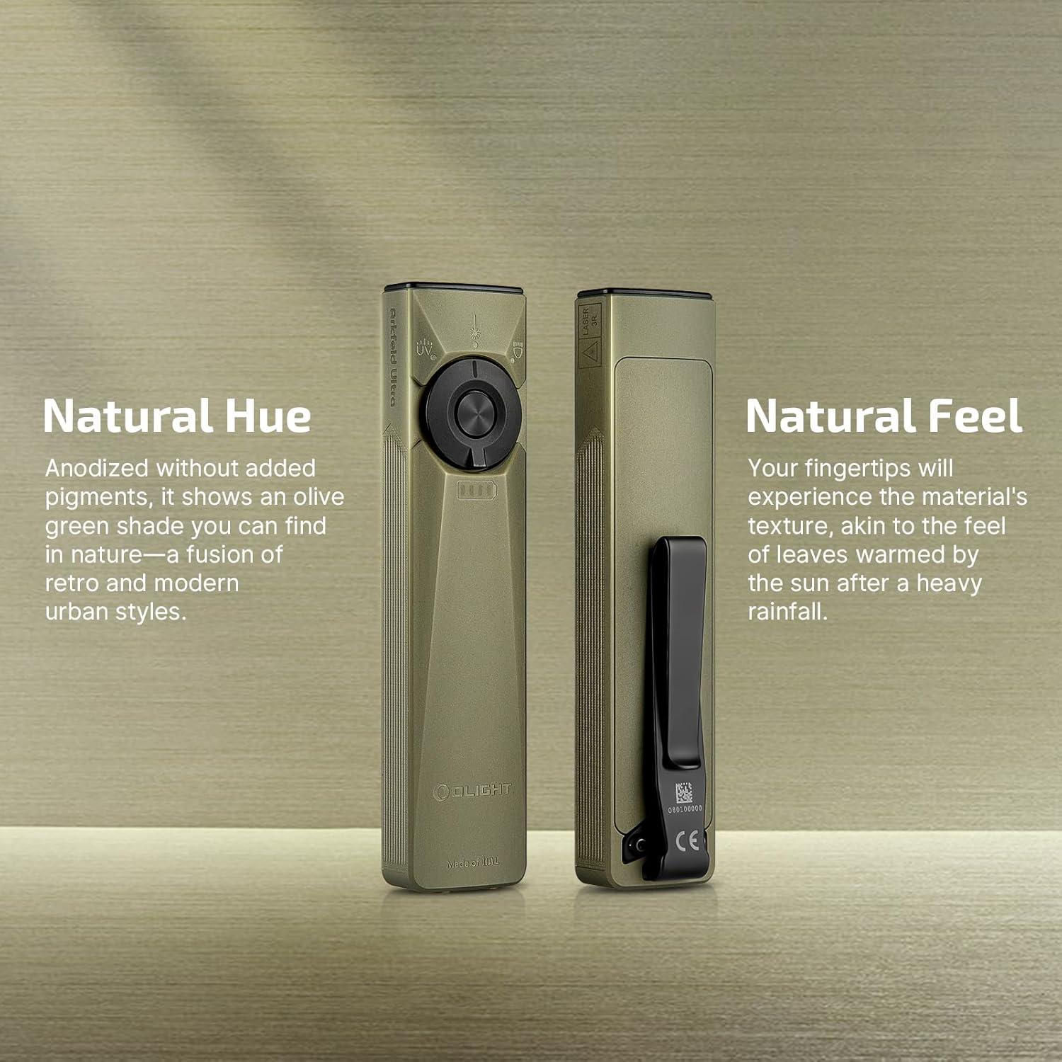 imageOLIGHT Arkfeld Ultra 1400 Lumens EDC Flat Flashlight Rechargeable Compact Pocket Flash Light Combines White LED UV and Green Beam Triple Sources Perfect for Checking Working OliveGreenOlive Green
