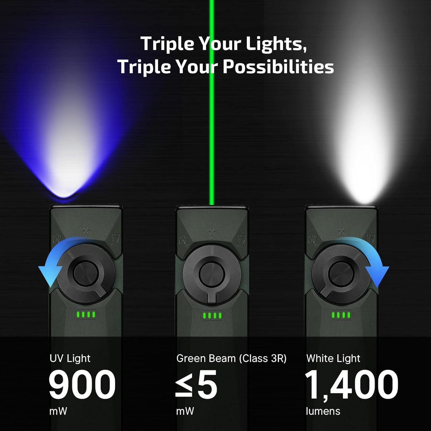 imageOLIGHT Arkfeld Ultra 1400 Lumens EDC Flat Flashlight Rechargeable Compact Pocket Flash Light Combines White LED UV and Green Beam Triple Sources Perfect for Checking Working OliveGreenOlive Gray