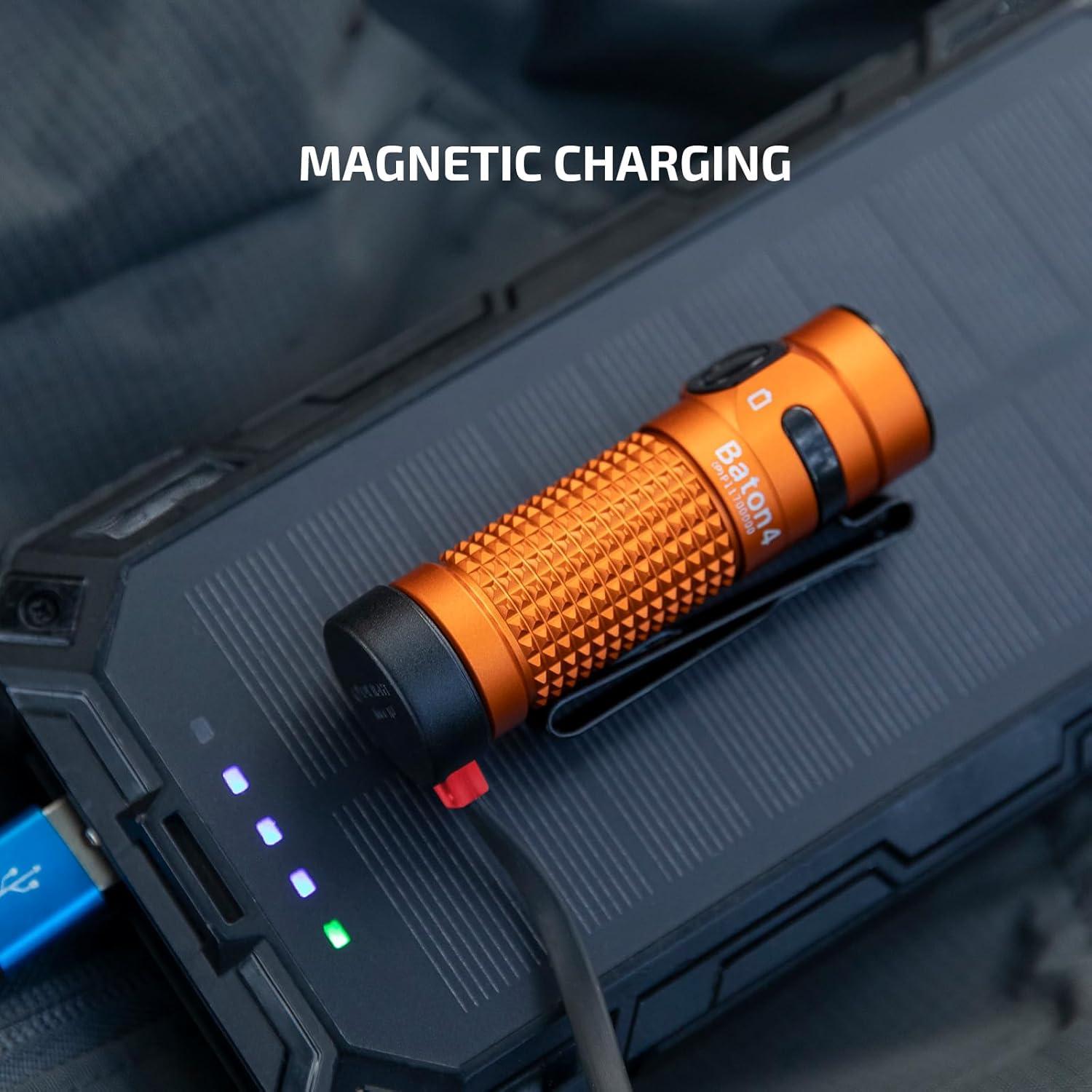 imageOLIGHT Baton4 Rechargeable EDC Flashlight LED Pocket Light 1300 Lumens with Magnetic Charging Cable 6 Modes IPX8 Waterproof Powerful Bright Flashlight for Home Camping and Emergencies OD GreenOrange