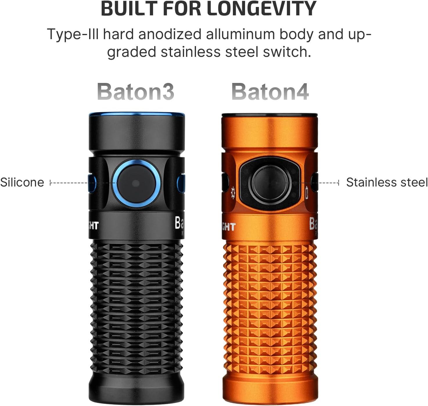 imageOLIGHT Baton4 Rechargeable EDC Flashlight LED Pocket Light 1300 Lumens with Magnetic Charging Cable 6 Modes IPX8 Waterproof Powerful Bright Flashlight for Home Camping and Emergencies OD GreenOrange
