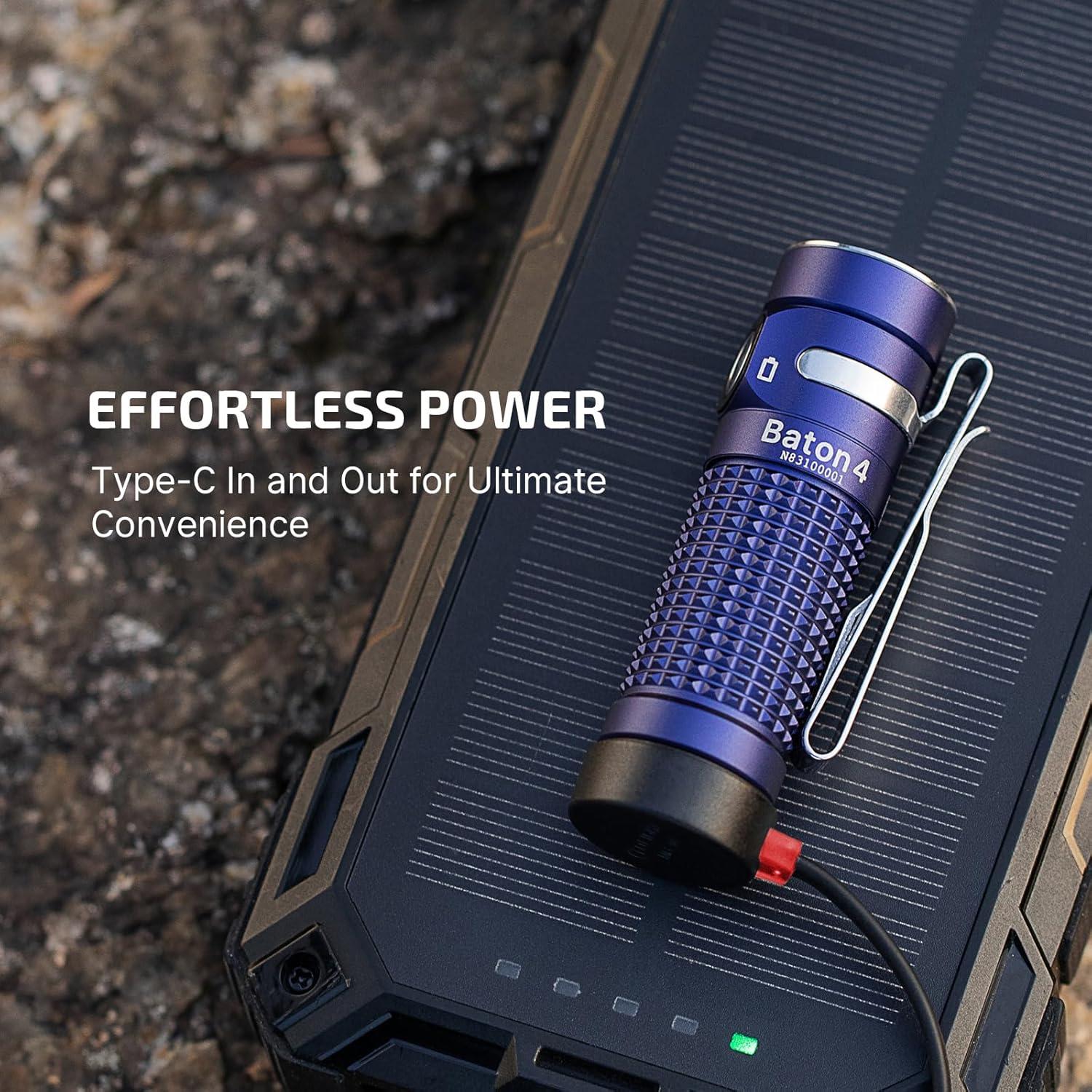 imageOLIGHT Baton4 Rechargeable EDC Flashlight LED Pocket Light 1300 Lumens with Magnetic Charging Cable 6 Modes IPX8 Waterproof Powerful Bright Flashlight for Home Camping and Emergencies OD GreenRegal Blue