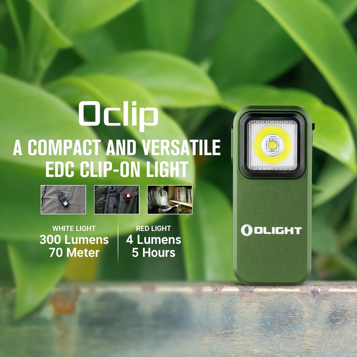 imageOLIGHT Oclip Rechargeable EDC Flashlight 300 Lumens Dual Sources Compact Pocket Clip Light Convenient USB C Charging Magnetic Flash Lights for Working Cycling Emergency Signaling ToolBlackOD Green