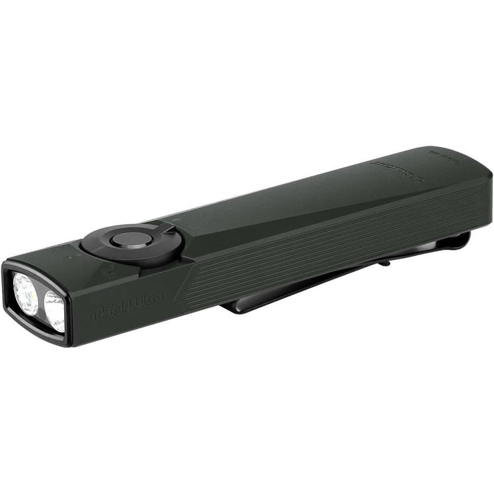imageOLIGHT Arkfeld Ultra 1400 Lumens EDC Flat Flashlight Rechargeable Compact Pocket Flash Light Combines White LED UV and Green Beam Triple Sources Perfect for Checking Working OliveGreenOlive Gray