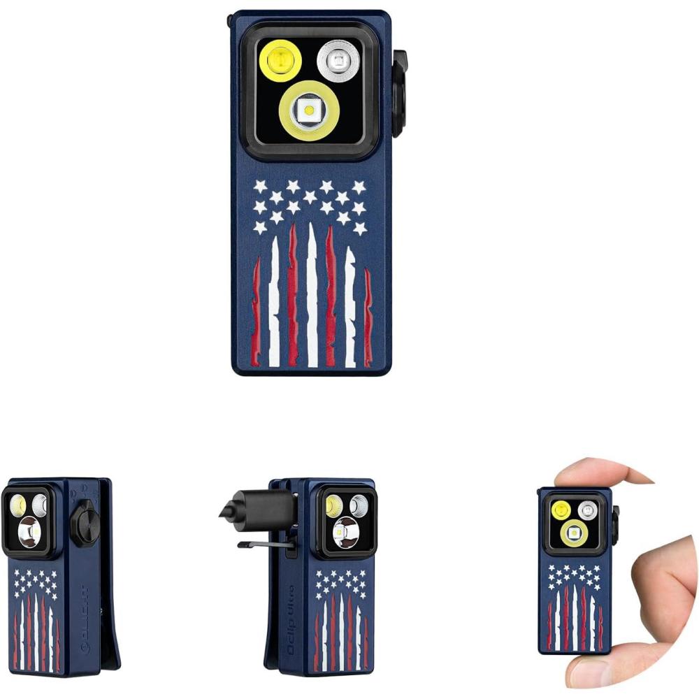 imageOLIGHT Oclip Ultra EDC Flashlight Clipon Light 530 Lumens Rechargeable with TypeC Charging Combines Floodlight Spotlight and UV Triple Magnetic Lights for Inspection and Work Navy BlueStars Stripes Edition