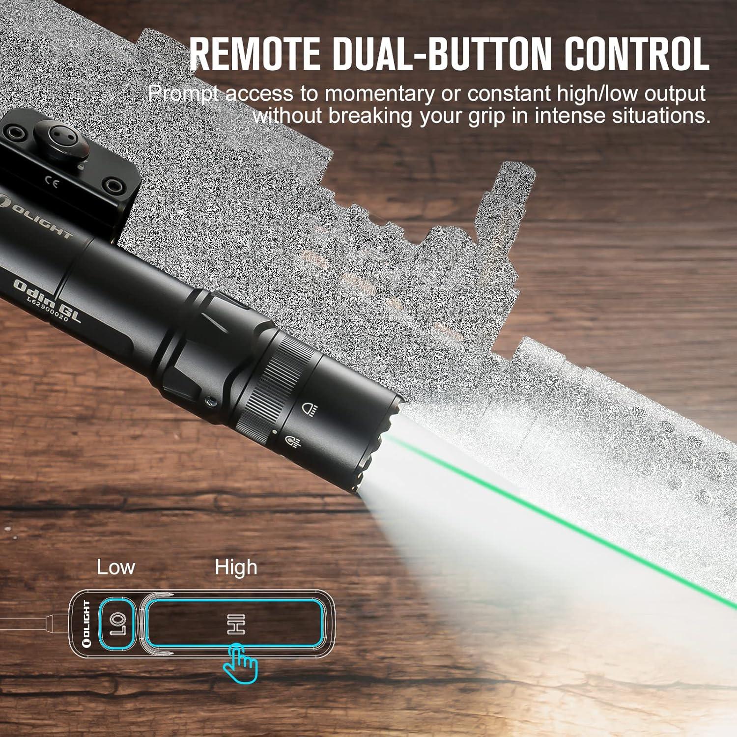 imageOLIGHT Odin GL 1500 Lumens Picatinny Rail Mount Rechargeable Tactical Flashlight with Green Beam and White LED Combo Removable Slide RailMount and DualButton Remote Pressure Switch BlackFLASHLIGHT