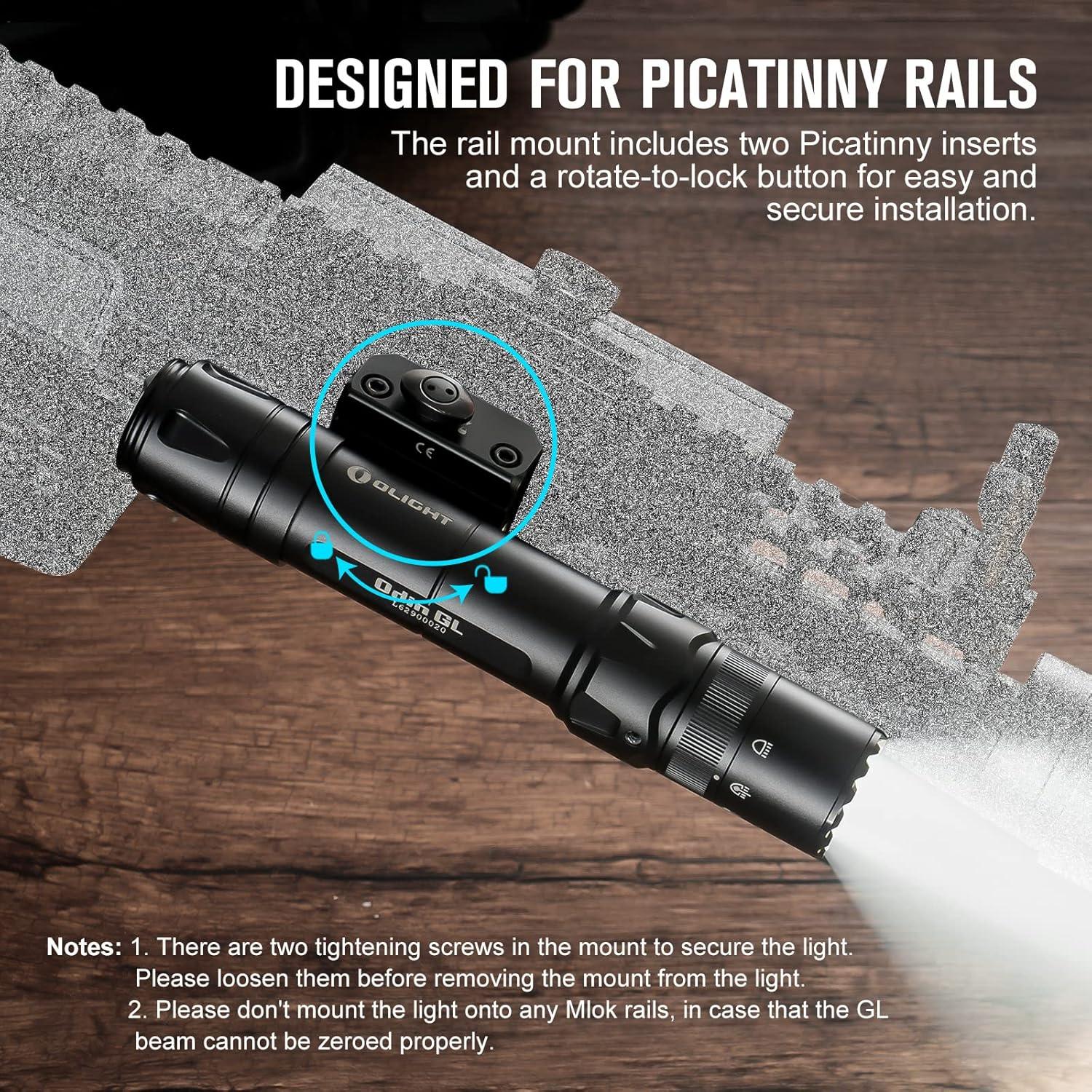 imageOLIGHT Odin GL 1500 Lumens Picatinny Rail Mount Rechargeable Tactical Flashlight with Green Beam and White LED Combo Removable Slide RailMount and DualButton Remote Pressure Switch BlackFLASHLIGHT
