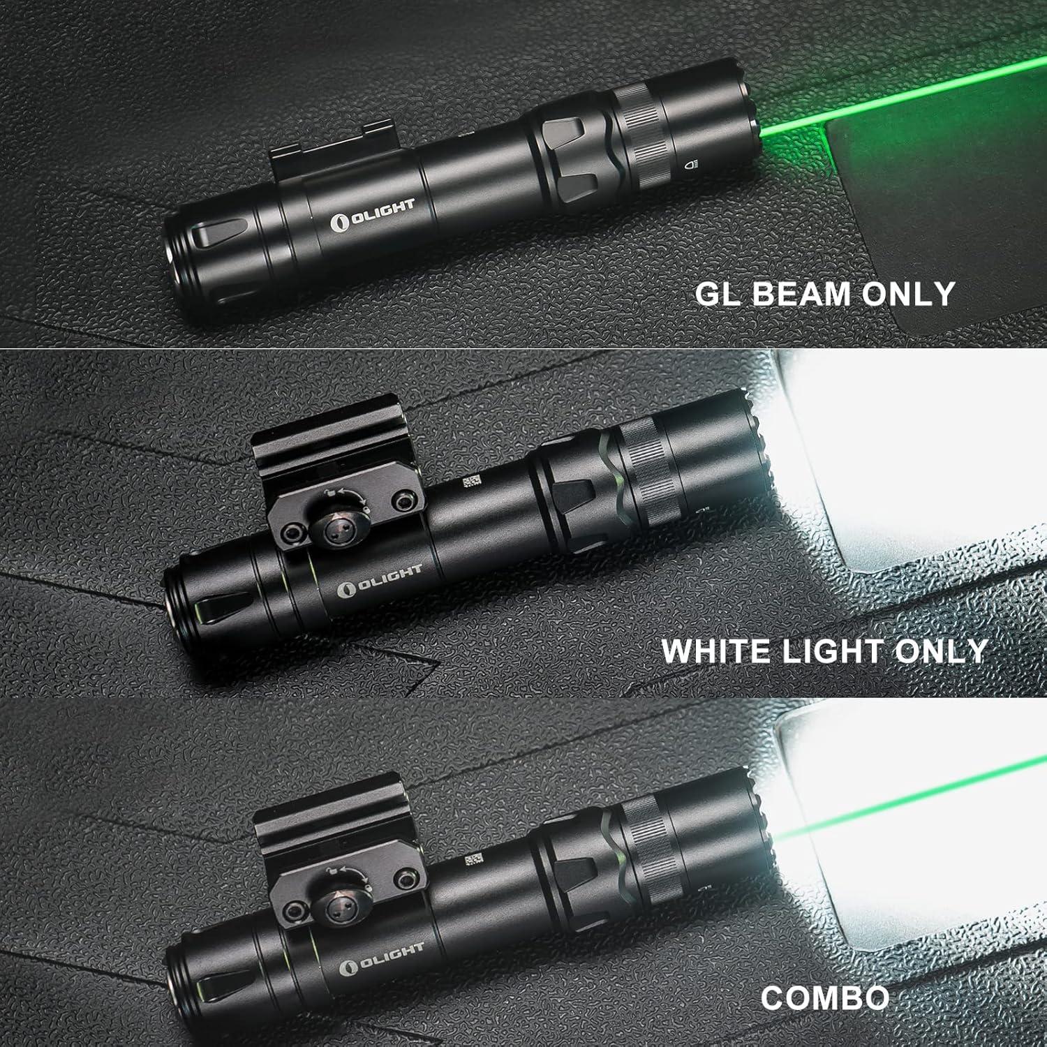 imageOLIGHT Odin GL 1500 Lumens Picatinny Rail Mount Rechargeable Tactical Flashlight with Green Beam and White LED Combo Removable Slide RailMount and DualButton Remote Pressure Switch BlackFLASHLIGHT
