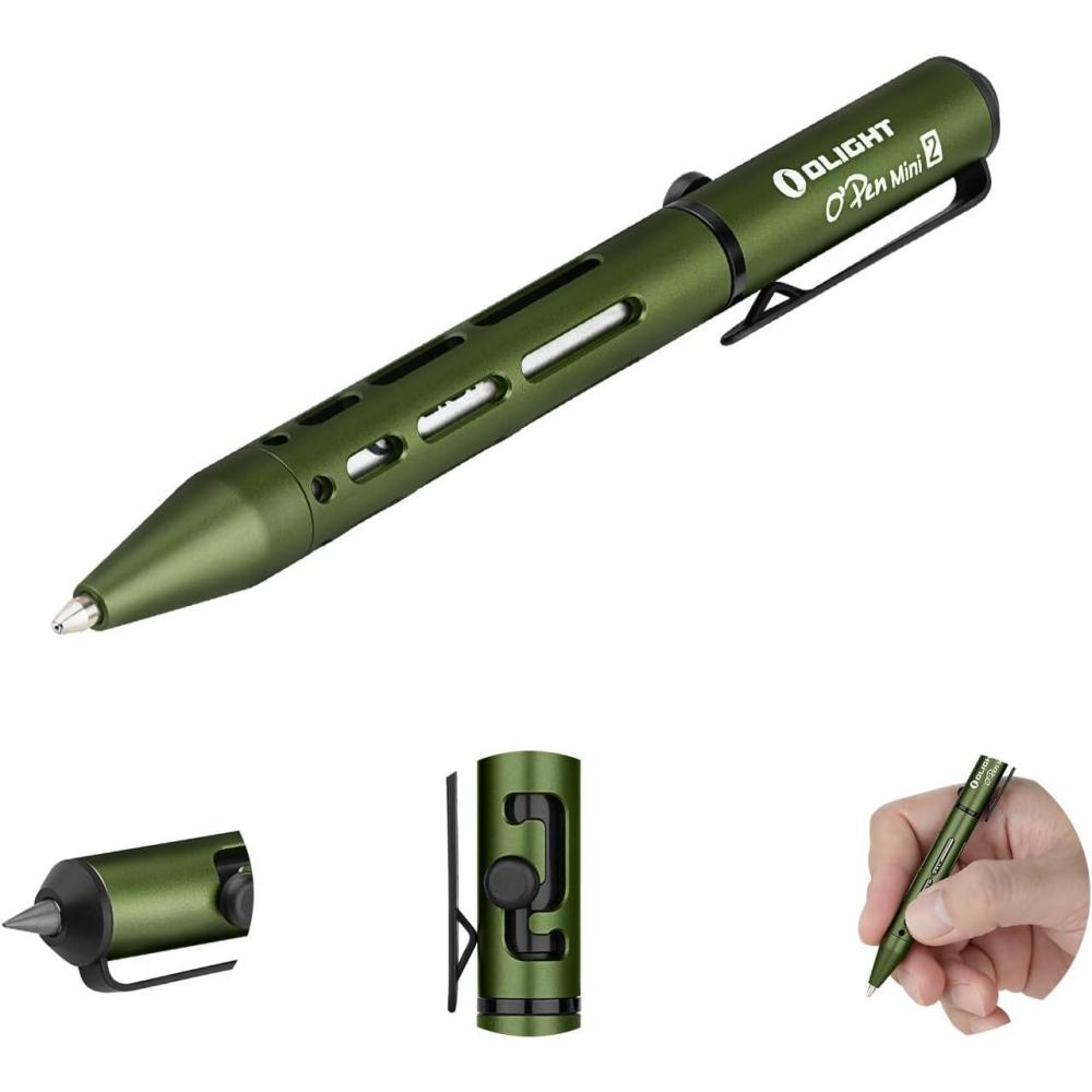 imageOLIGHT OPen Mini 2 Portable Ballpoint Pen Bolt Action Pen with Pen and Pencil Tip EDC Replaceable Black Ink Pens with Stainless Steel Pen Clip for Office Working Writing OD GreenOD Green