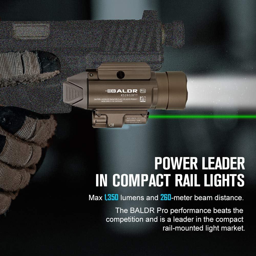 image:imageOLIGHT Baldr Pro 1350 Lumens Tactical Weaponlight with Green Light and White LED 260 Meters Beam Distance Compatible with 1913 or GL Rail Batteries IncludedDesert TanDesert Tan