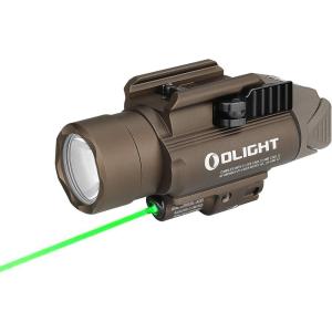 OLIGHT Baldr Pro 1350 Lumens Tactical Weaponlight with Green Light and White LED, 260 Meters Beam Distance Compatible with 1913 or GL Rail, Batteries Included(Desert Tan)(Desert Tan)