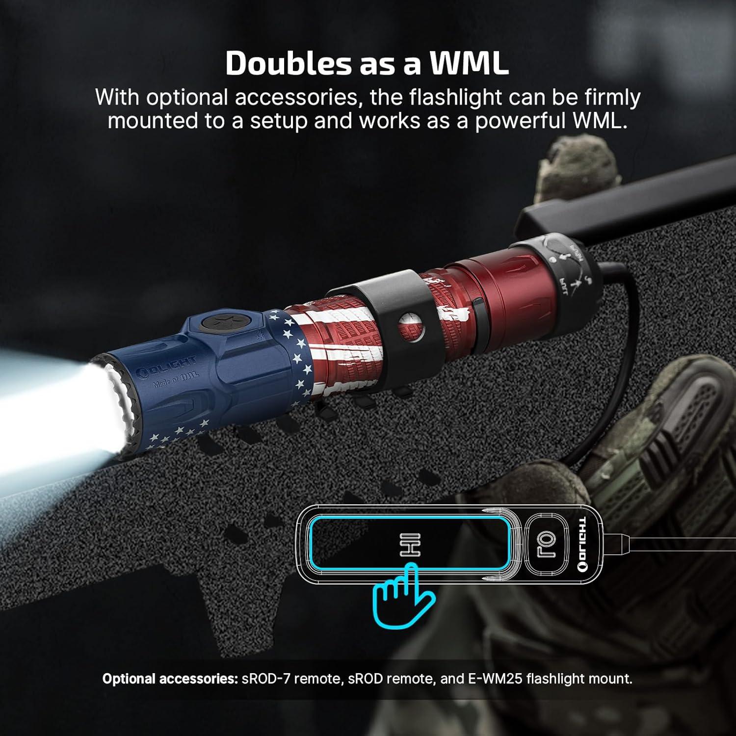 image:imageOLIGHT Warrior Ultra 2500 High Lumens Tactical Flashlight Compact Dual Switches Rechargeable Handheld Bright Light with Proximity Sensor for Outdoor Emergency Searching Stars amp Stripes Edition