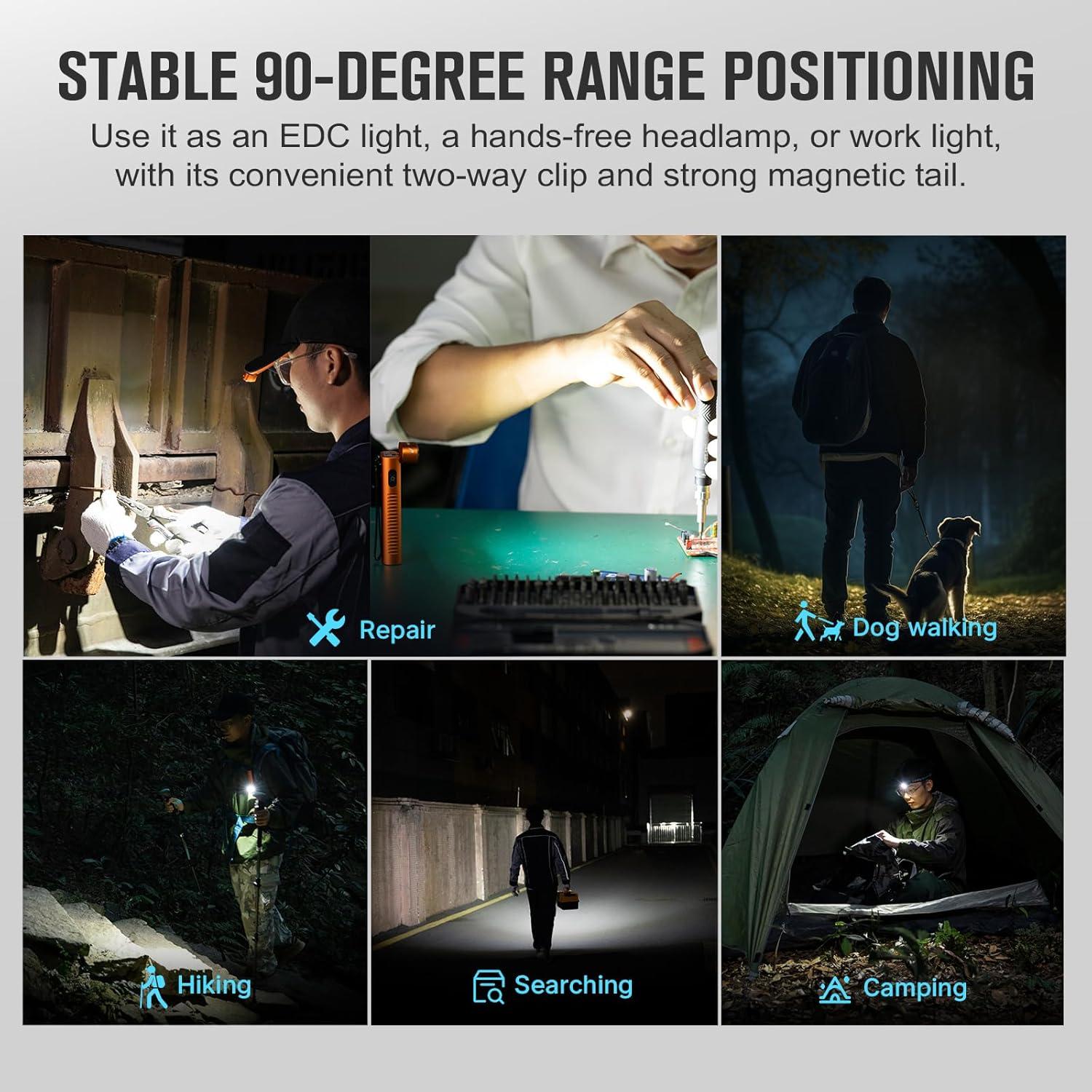 image:imageOLIGHT Arkflex Adjustable Right Angle EDC Flashlight 1000 Lumens Rechargeable Handheld Lights TwoWay Pocket Clip with an 090Articulating Head for Working Outdoors and Repairing Orange