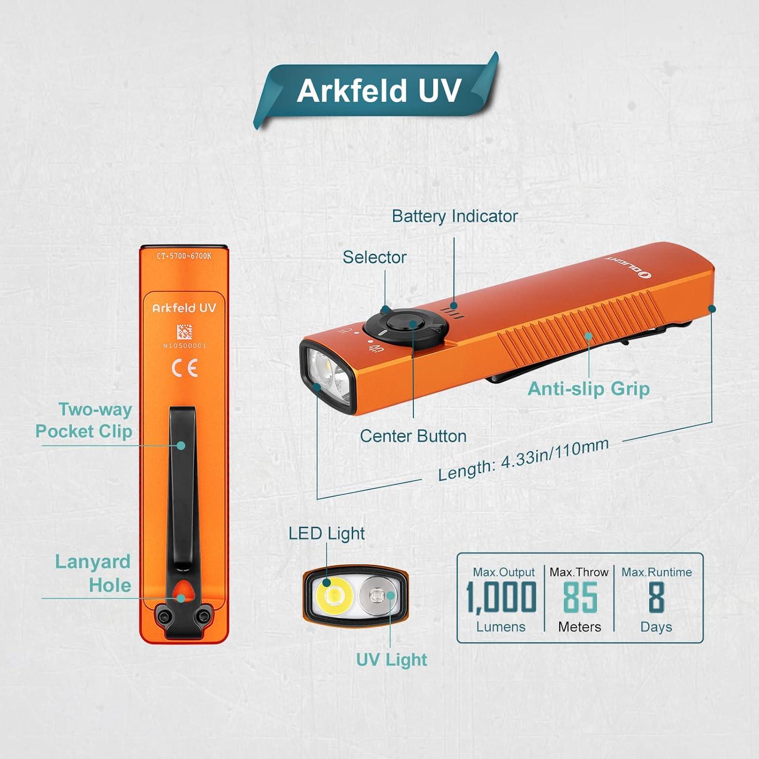 image:imageOLIGHT Arkfeld UV Rechargeable EDC Flashlight 1000 Lumens White LED and 365nm Blacklight Combo for Outdoors Emergency Working Pet Urine Detection Orange CW