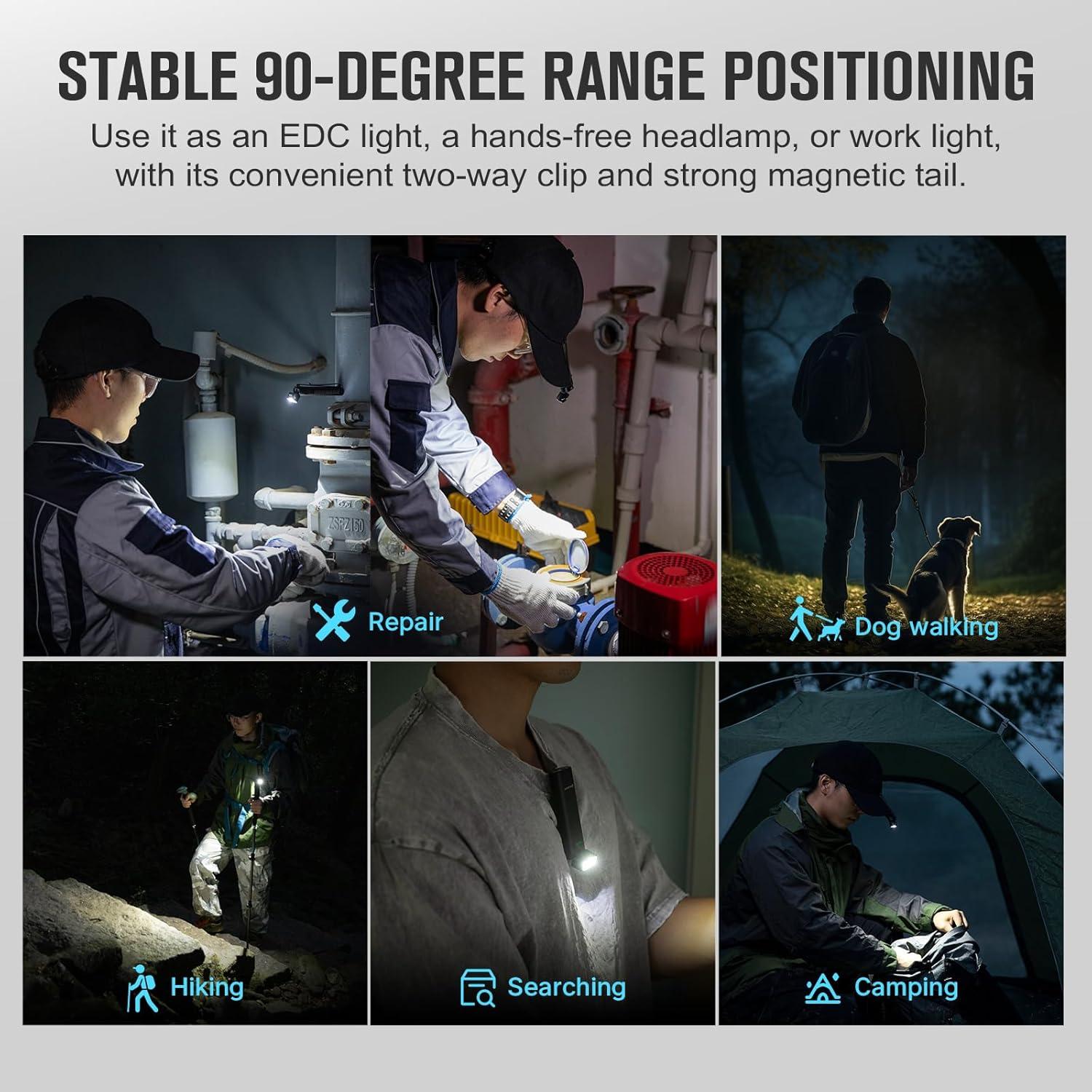 image:imageOLIGHT Arkflex Adjustable Right Angle Flashlight 1000 Lumens Rechargeable Handheld Flashlights Twoway Pocket Clip EDC Light with an 090Articulating Head for Working Outdoors and Repairing BlackBlack