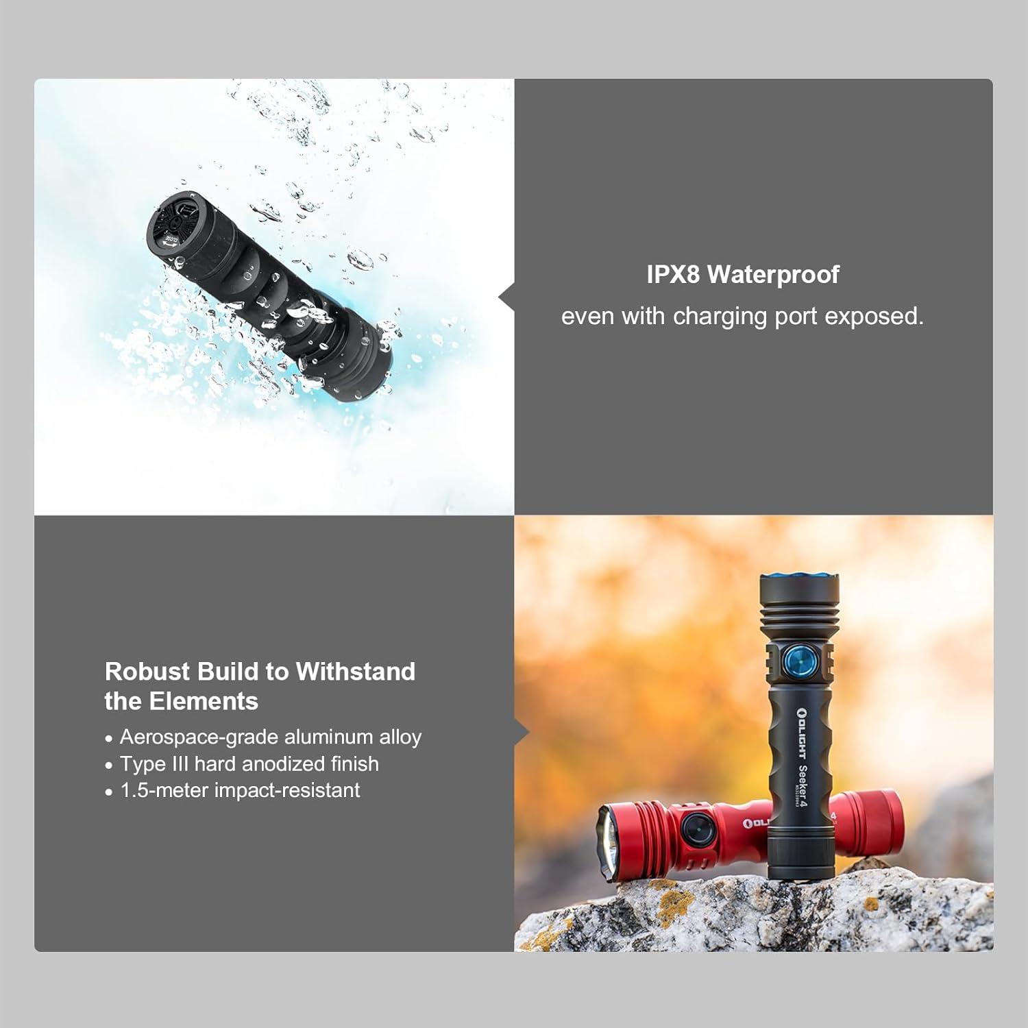 image:imageOLIGHT Seeker 4 Rechargeable Flashlights 3100 Lumens High Powerful Flash Light with USBC Charging 400 Meters Long Rage LED for Emergency Camping and Law Enforcement Matte Black