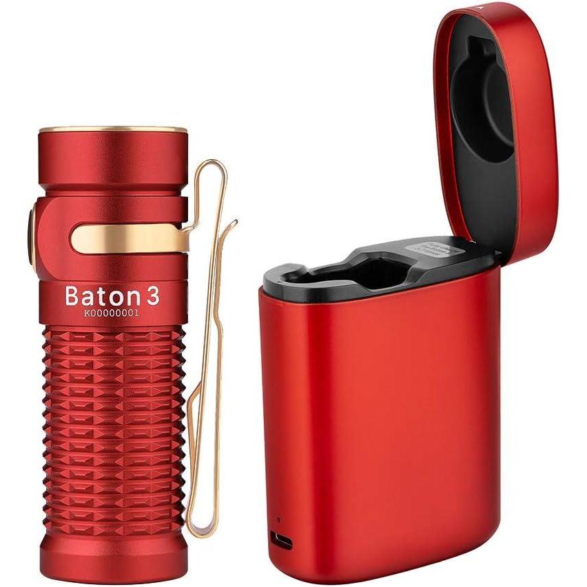 image:imageOLIGHT Baton3 Premium Edition 1200 Lumens Flashlight Powered by a Single Rechargeable Battery UltraCompact LED Flashlight with Charging Box Red