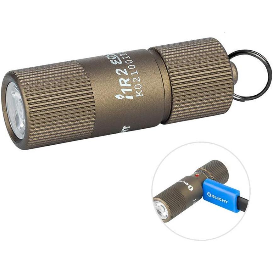 image:imageOLIGHT i1R 2 EOS 150 Lumens Tiny Rechargeable Keychain Flashlight EDC Mini LED Keyring Light with Builtin Battery for Camping Hiking Dog Walking etc Desert TanDesert Tan