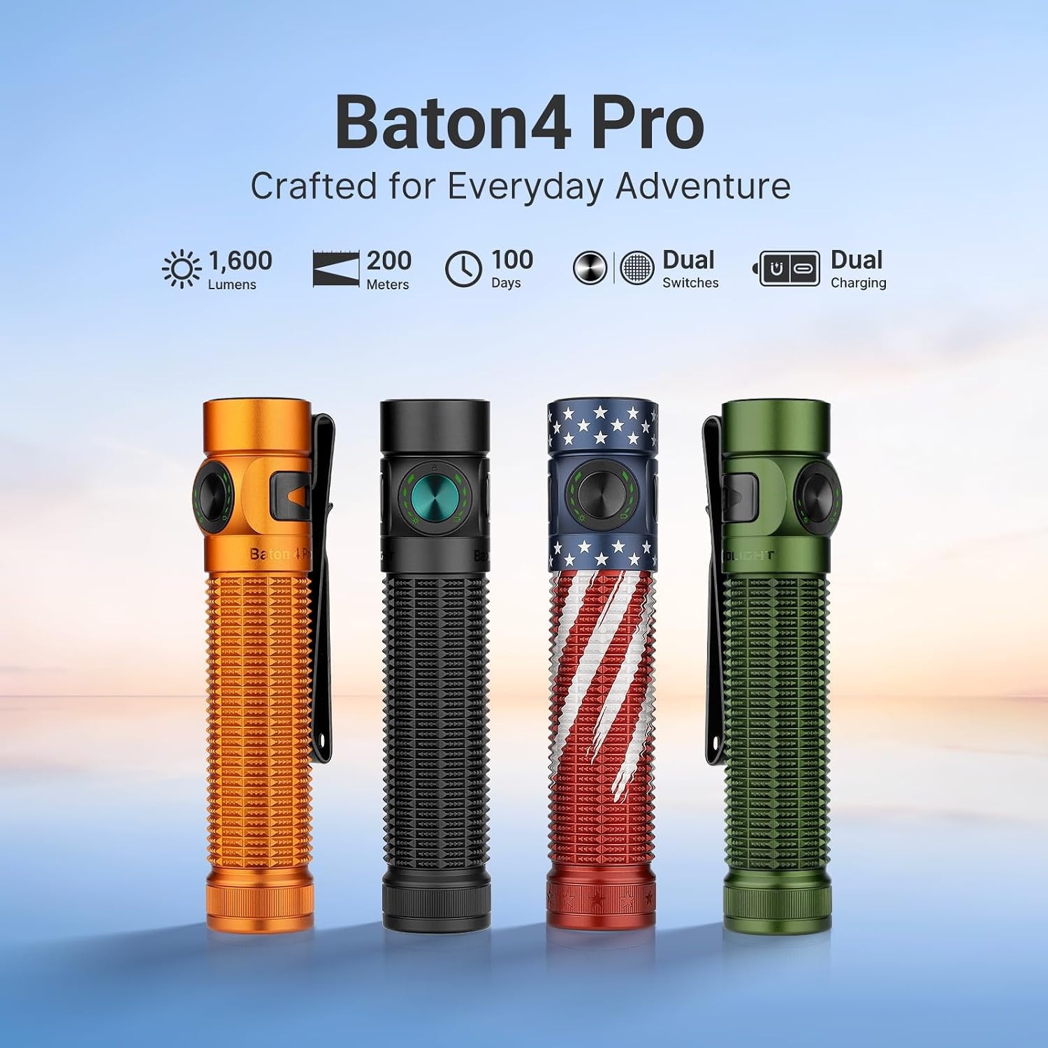 image:imageOLIGHT Baton4 Pro EDC Flashlight Rechargeable 1600 Lumens Small Pocket LED Light with Tactical Switch and Magnetic amp USB C Dual Charging for Home Use Camping and Emergency StarsampStripes EditionBlack