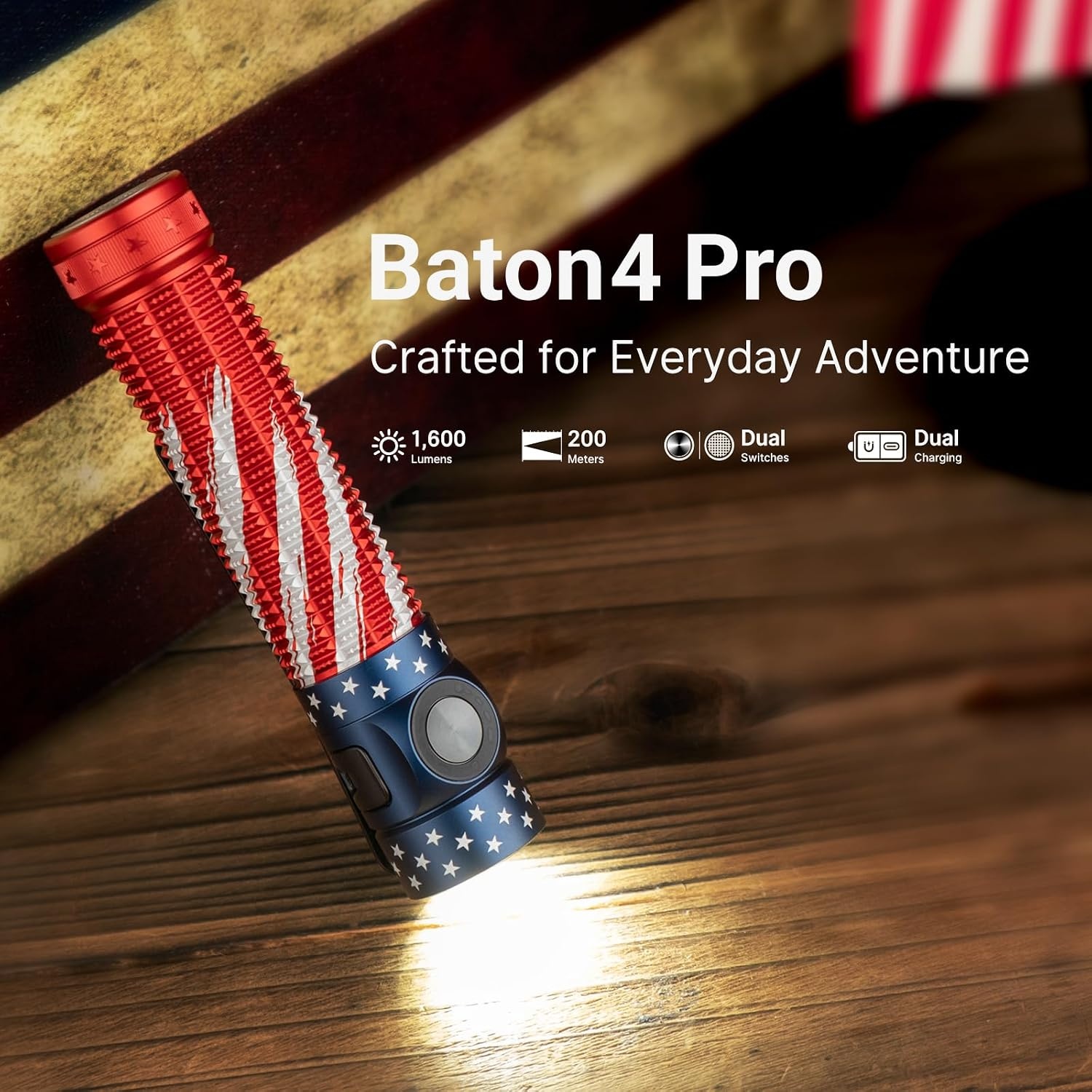 image:imageOLIGHT Baton4 Pro EDC Flashlight Rechargeable 1600 Lumens Small Pocket LED Light with Tactical Switch and Magnetic amp USB C Dual Charging for Home Use Camping and Emergency StarsampStripes EditionStars Stripes Edition